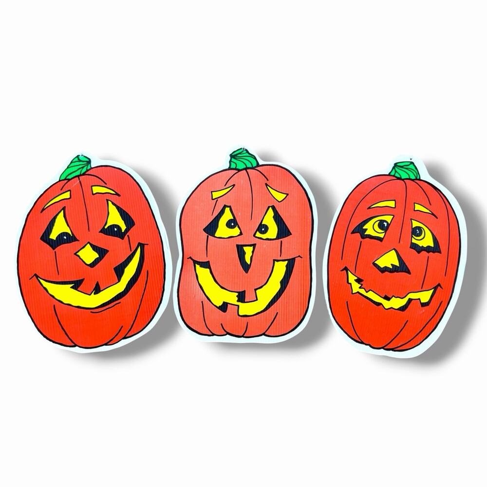 Vintage 90s Halloween Jack O Lantern Pumpkin Yard Signs Orange Lot of 3 Decor